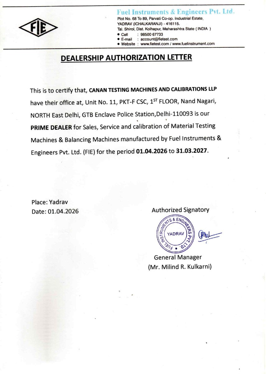 Dealership authorisation letter issued to Canan Testing